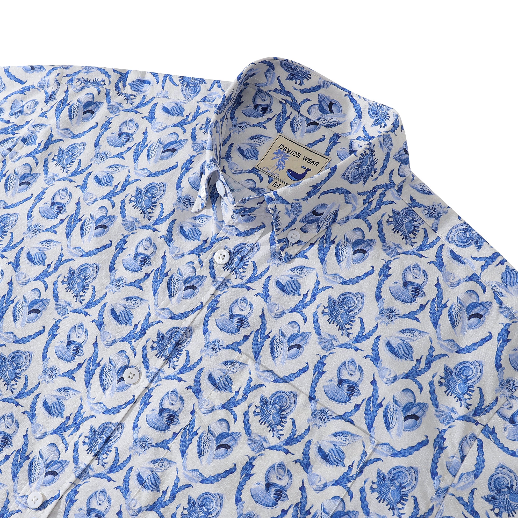 Button Down Shirts For Men Vintage Tropical Print Blue Rhombus Conch Short Sleeve Aloha