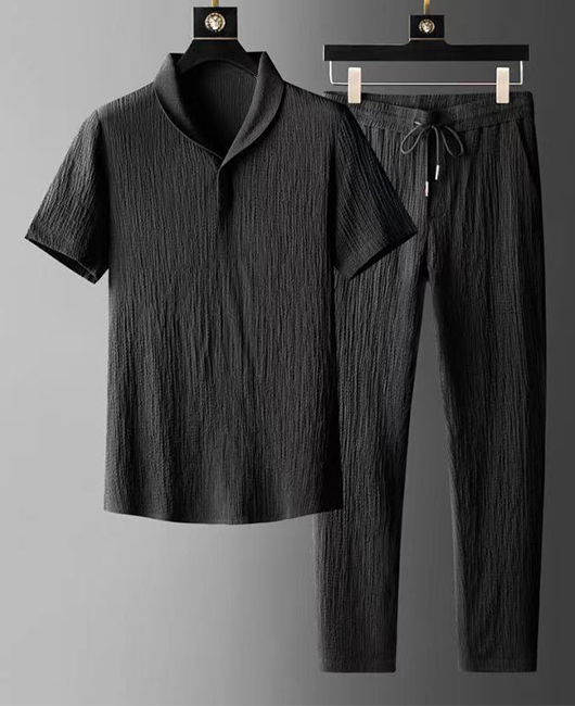 Sporty Lapel Collar Short Sleeve Wrinkle Shirt & Pants 2Pcs Set