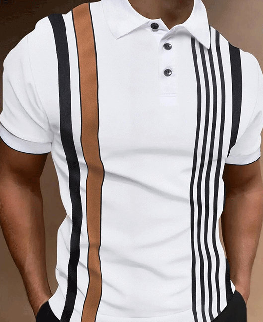 Classic Striped Print Lapel Collar Short Sleeve Button Polo Shirt