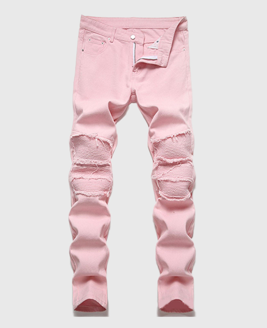 Fashion Solid Color Ripped Straight Denim Pants