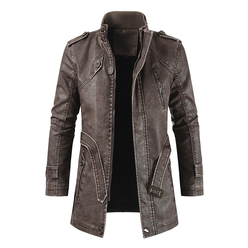 2020 Autumn And Winter New Men's Mid-length Casual Fashion PU Leather Jacket Stand-collar Slim Youth Windbreaker