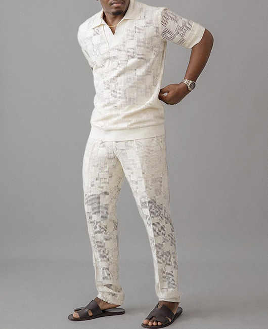 OK Casual Plain Hollow Breathable Polo Shirt & Pants 2Pcs Set
