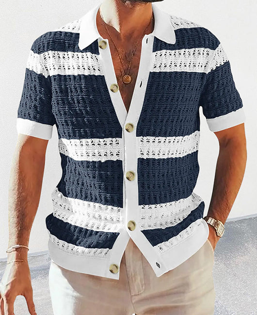 Casual Color Block Spliced Lapel Collar Short Sleeve Hollow Shirt