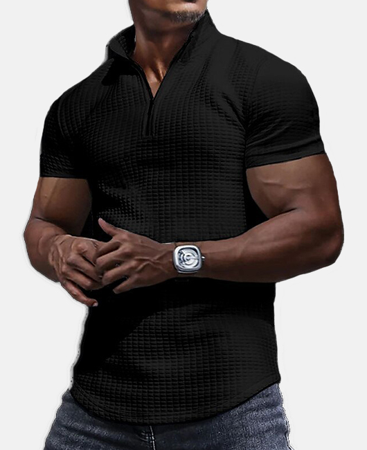 Casual Plain Lapel Collar Half Zipper Short Sleeve Waffle Shirt