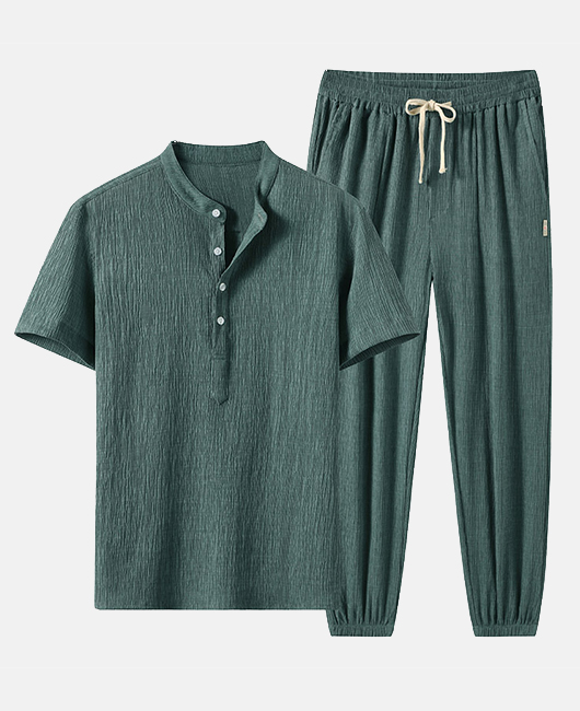 Casual Plain Ice Silk Half Placket Wrinkled Shirt & Pants 2Pcs Set
