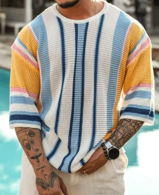 Casual Crew Neck Loose Color Block Striped Print Half Sleeve Shirt