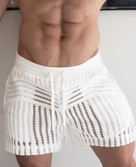 Glamorous Plain Hollow Sheer Mesh Panel Drawstring Shorts