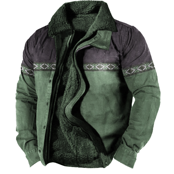 Men's Vintage Aztec Print Lining Plus Fleece Zipper Tactical Shirt Jacket