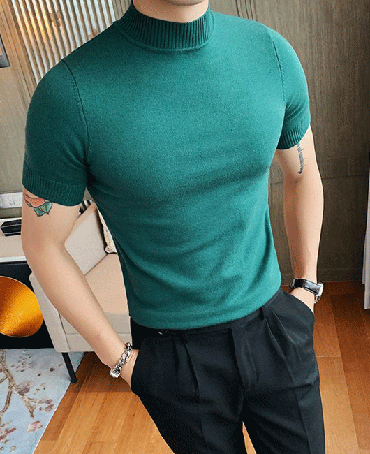 Casual Plain Mock Neck Short Sleeve Slim Fit T-Shirt