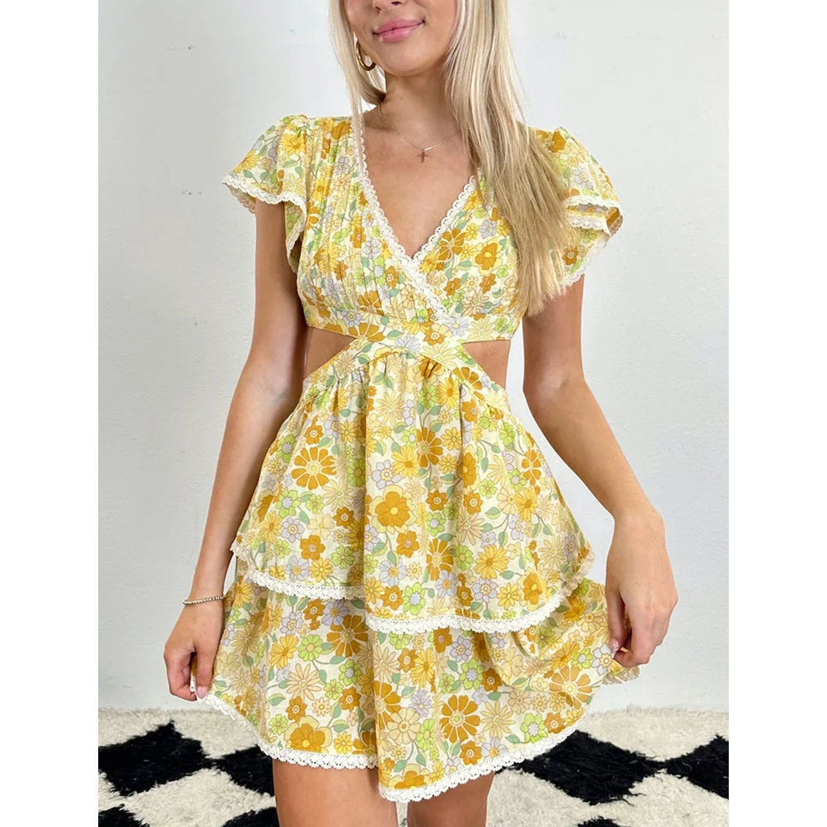 Honey Blossom Ruffle Cutout Mini Dress