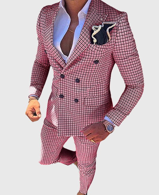 OK Dressy Houndstooth Plaid Lapel Collar Double Breasted Blazer & Pants 2Pcs Set