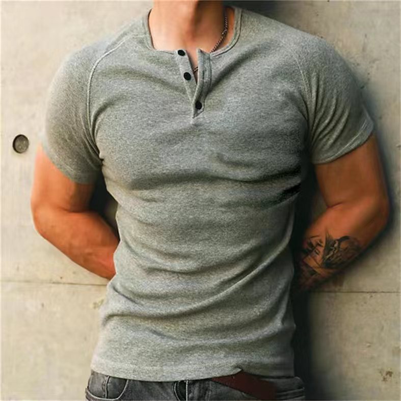Men's Slim Simple Casual Round Neck Plain Henley T-Shirt