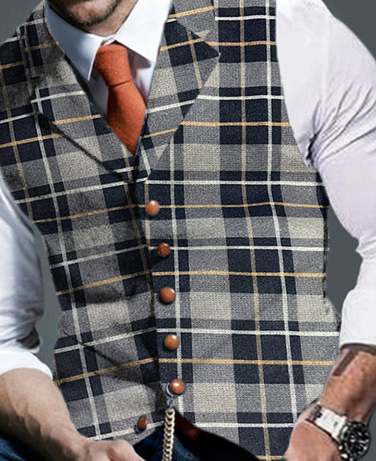 Business Plaid Print Lapel Collar Single Breasted Blazer Vest